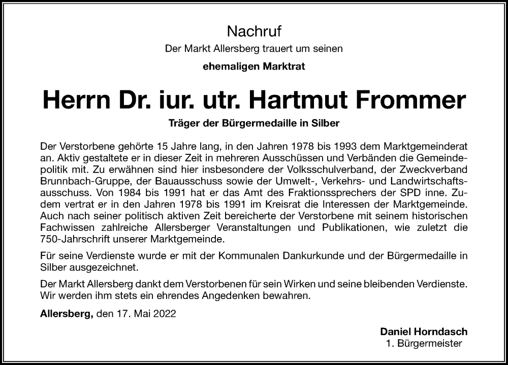  Traueranzeige für Hartmut Frommer vom 18.05.2022 aus Roth-Hilpoltsteiner Volkszeitung Lokal