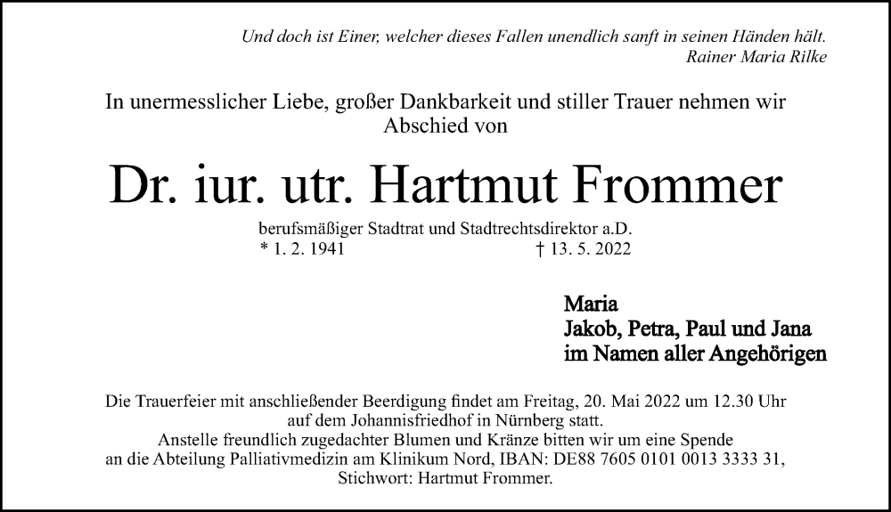  Traueranzeige für Hartmut Frommer vom 17.05.2022 aus Gesamtausgabe Nürnberger Nachrichten/ Nürnberger Ztg.