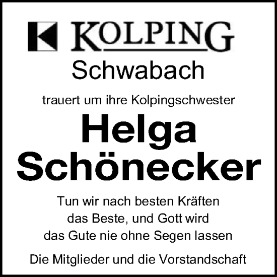 Traueranzeige von Helga Schönecker von Schwabacher Tagblatt Lokal