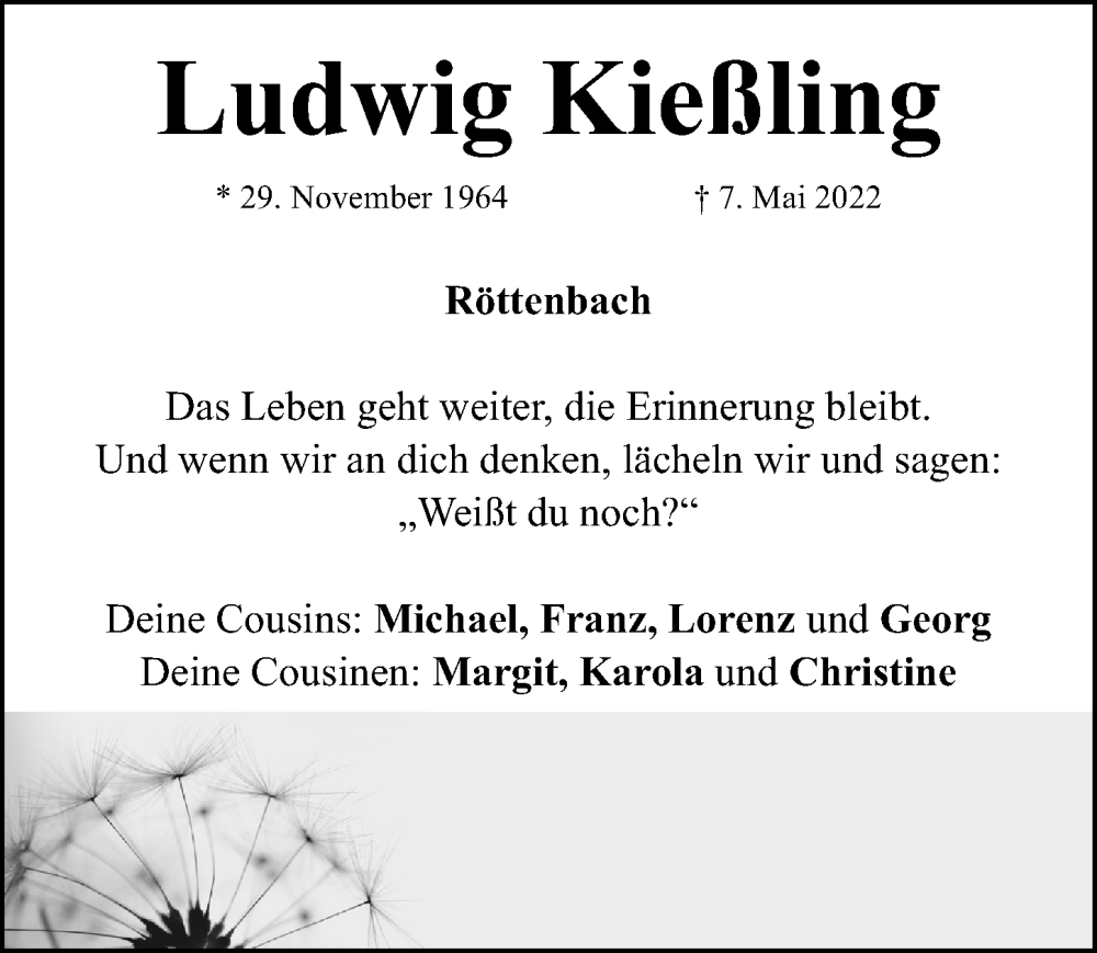  Traueranzeige für Ludwig Kießling vom 16.05.2022 aus Nordbayerische Nachrichten Herzogenaurach Lokal