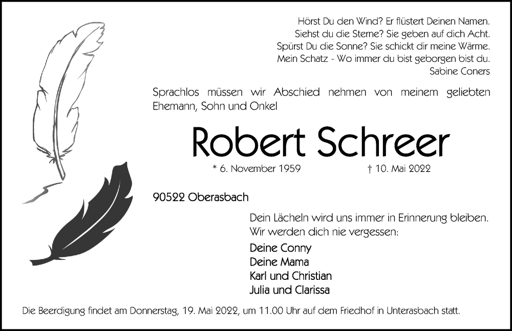  Traueranzeige für Robert Schreer vom 14.05.2022 aus Gesamtausgabe Nürnberger Nachrichten/ Nürnberger Ztg.