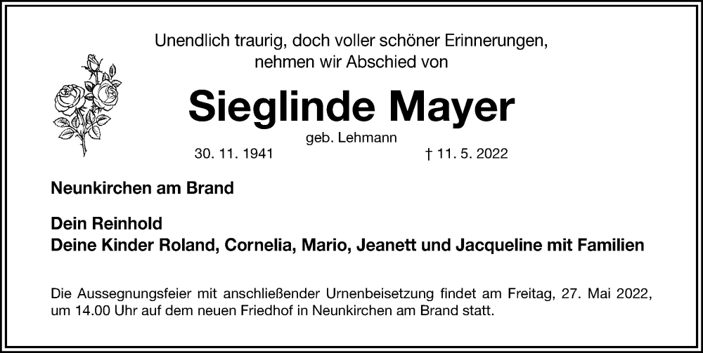  Traueranzeige für Sieglinde Mayer vom 21.05.2022 aus Gesamtausgabe Nürnberger Nachrichten/ Nürnberger Ztg.