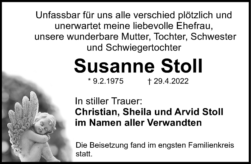  Traueranzeige für Susanne Stoll vom 21.05.2022 aus Roth-Hilpoltsteiner Volkszeitung Lokal