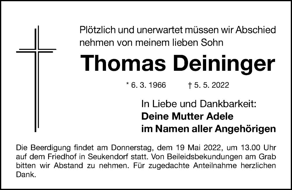  Traueranzeige für Thomas Deininger vom 18.05.2022 aus Fürther Nachrichten Lokal