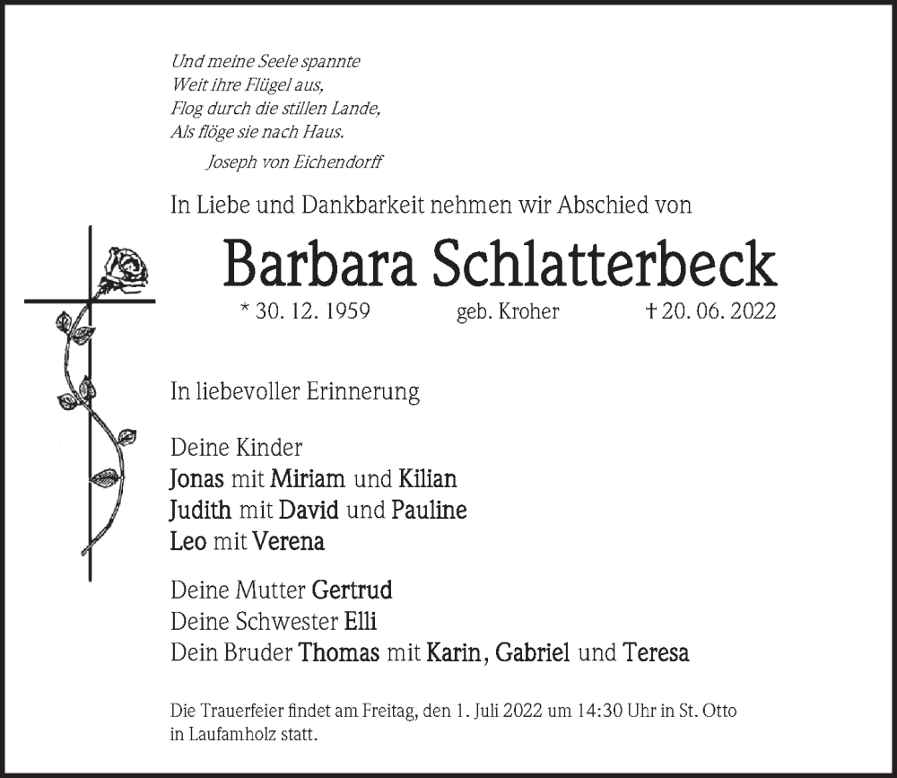  Traueranzeige für Barbara Schlatterbeck vom 28.06.2022 aus Gesamtausgabe Nürnberger Nachrichten/ Nürnberger Ztg.