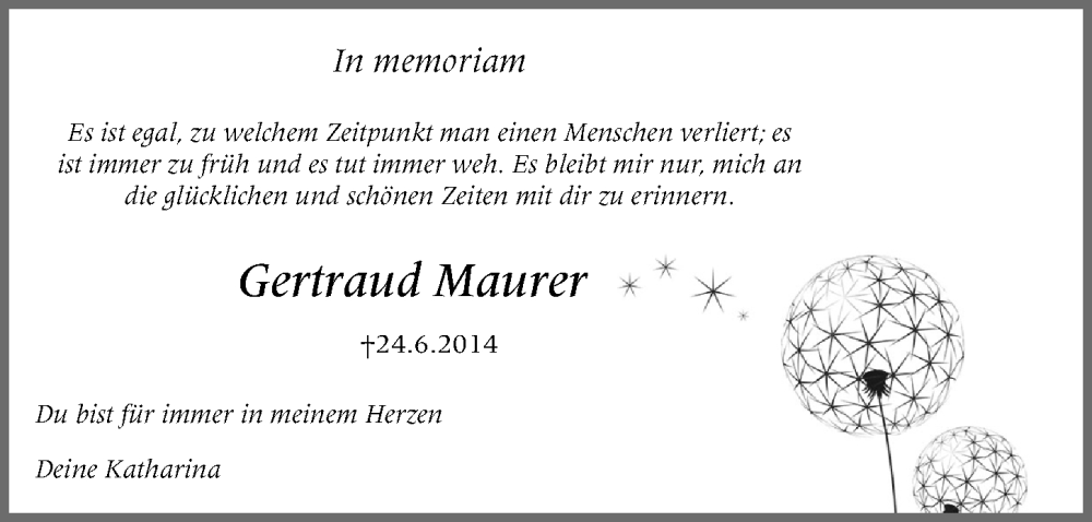 Traueranzeige für Gertraud Maurer vom 24.06.2022 aus Gesamtausgabe Nürnberger Nachrichten/ Nürnberger Ztg.