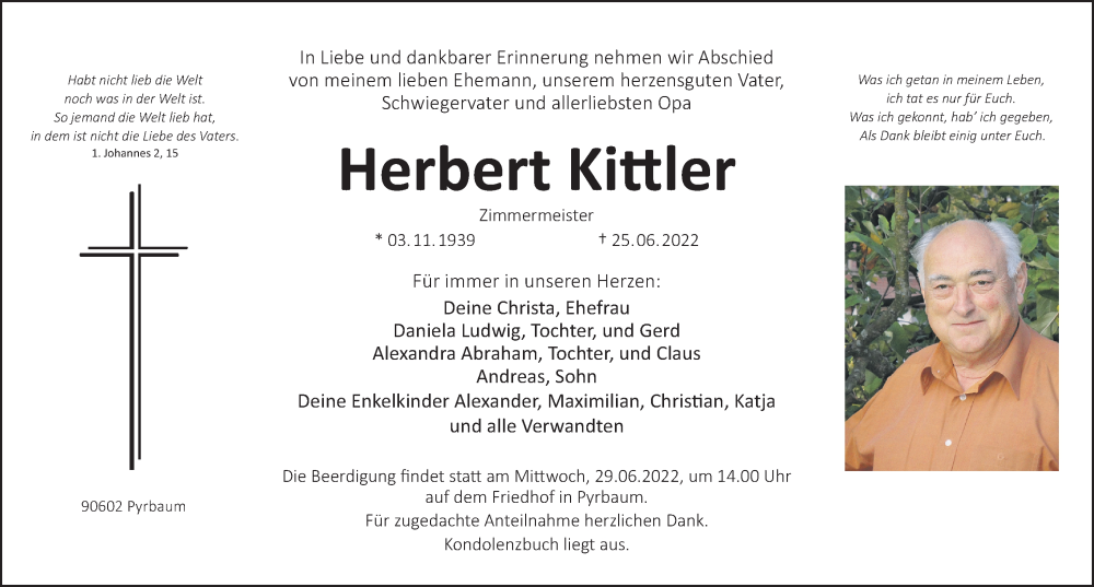  Traueranzeige für Herbert Kittler vom 28.06.2022 aus Neumarkter Nachrichten Lokal
