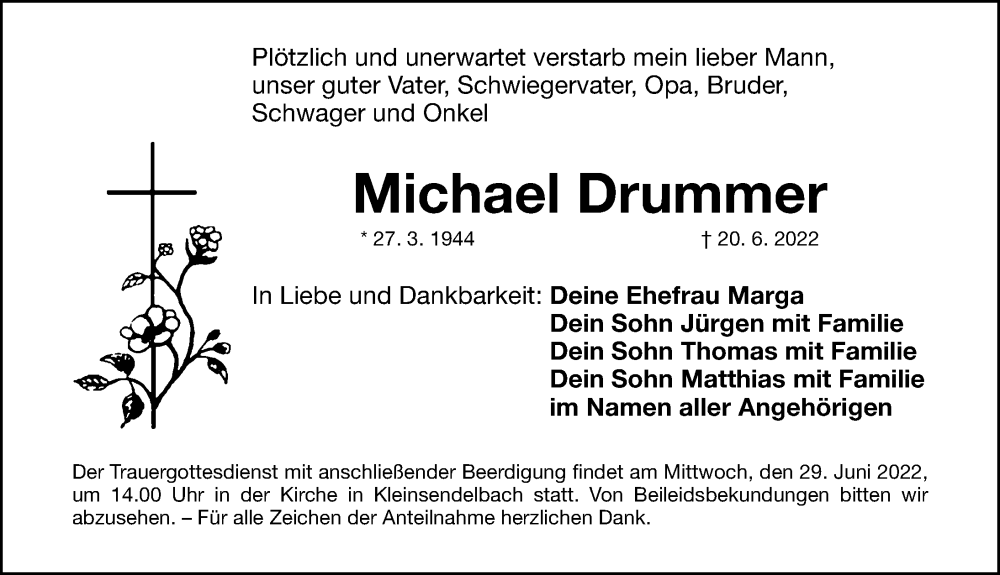  Traueranzeige für Michael Drummer vom 25.06.2022 aus Nordbayerische Nachrichten Forchheim Lokal