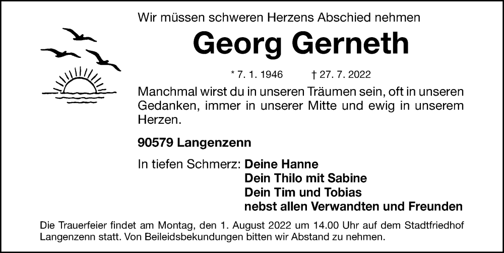  Traueranzeige für Georg Gerneth vom 29.07.2022 aus Fürther Nachrichten Lokal