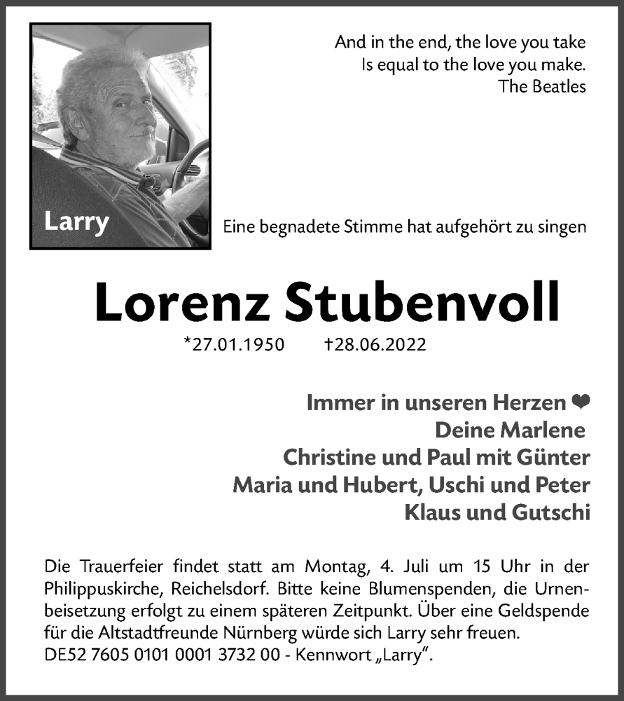  Traueranzeige für Lorenz Stubenvoll vom 02.07.2022 aus Gesamtausgabe Nürnberger Nachrichten/ Nürnberger Ztg.