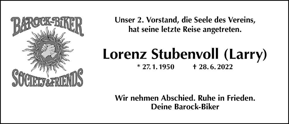  Traueranzeige für Lorenz Stubenvoll vom 02.07.2022 aus Schwabacher Tagblatt Lokal