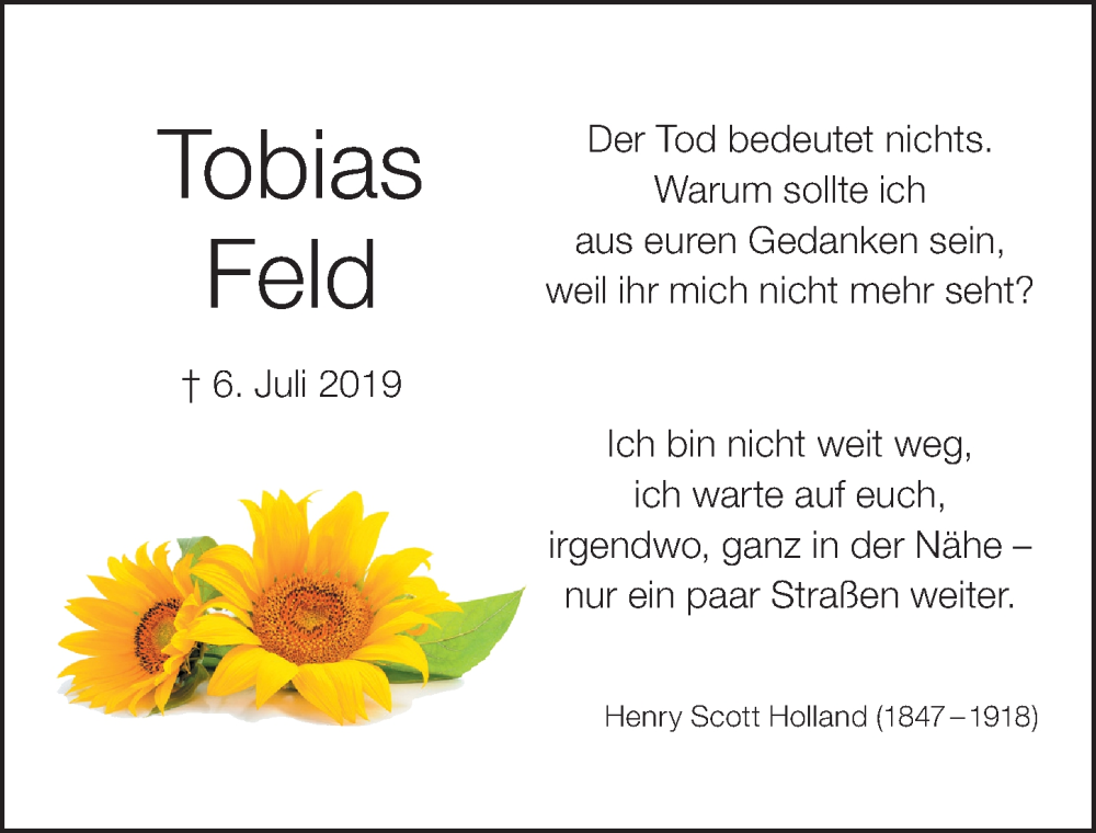  Traueranzeige für Tobias Feld vom 02.07.2022 aus Gesamtausgabe Nürnberger Nachrichten/ Nürnberger Ztg.