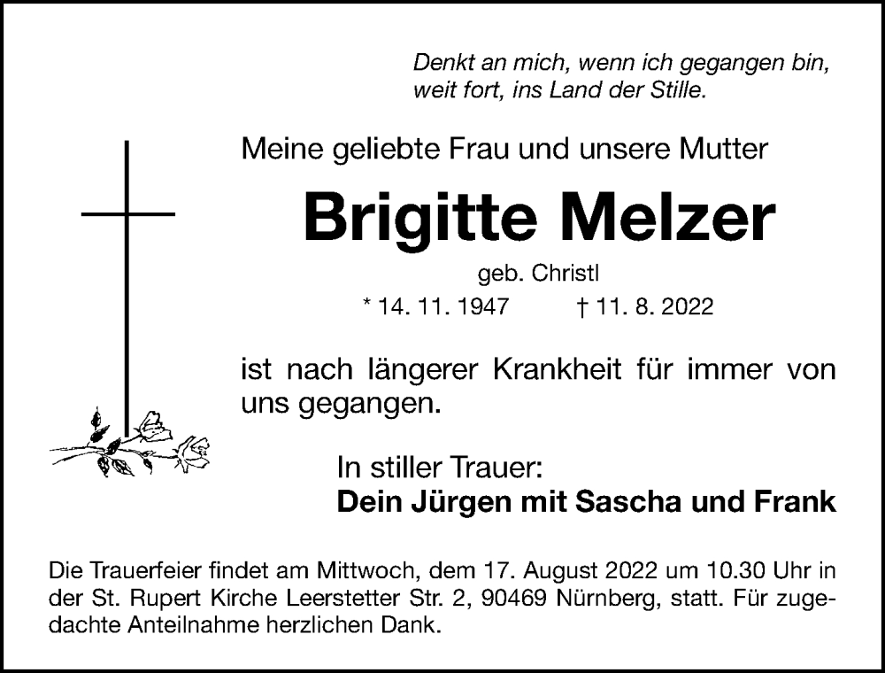  Traueranzeige für Brigitte Melzer vom 16.08.2022 aus Gesamtausgabe Nürnberger Nachrichten/ Nürnberger Ztg.