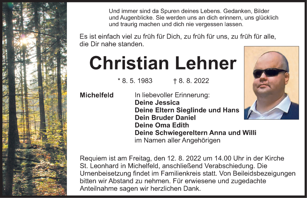  Traueranzeige für Christian Lehner vom 10.08.2022 aus Nordbayerische Nachrichten Pegnitz Lokal