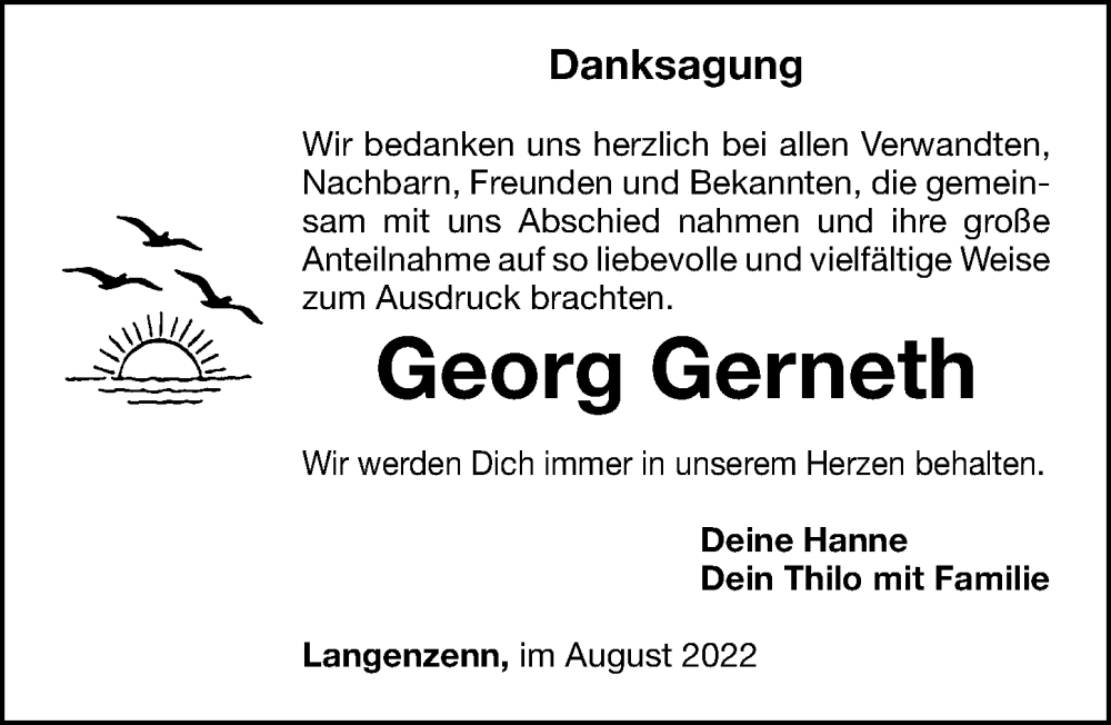  Traueranzeige für Georg Gerneth vom 12.08.2022 aus Fürther Nachrichten Lokal