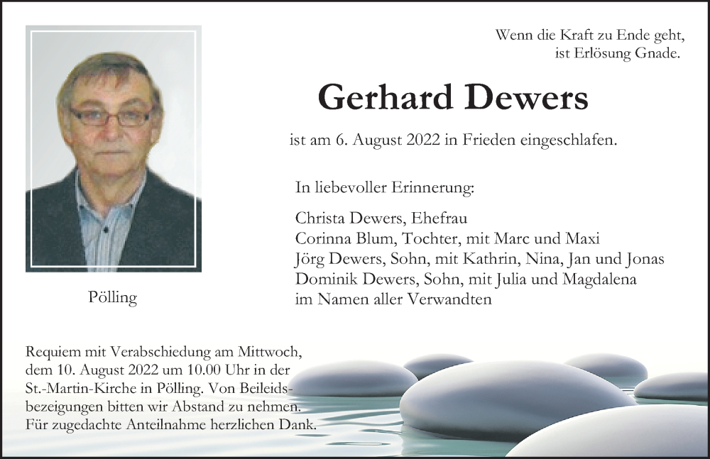  Traueranzeige für Gerhard Dewers vom 09.08.2022 aus Neumarkter Nachrichten Lokal