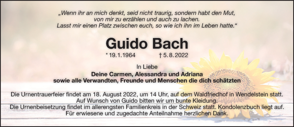  Traueranzeige für Guido Bach vom 13.08.2022 aus Gesamtausgabe Nürnberger Nachrichten/ Nürnberger Ztg.