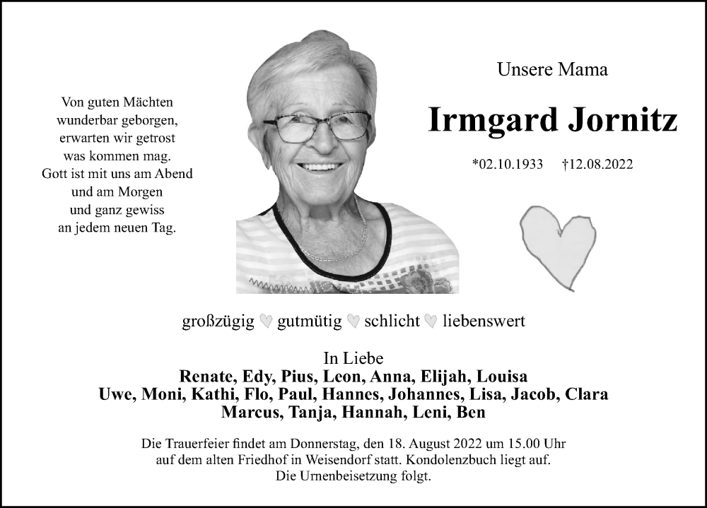  Traueranzeige für Irmgard Jornitz vom 15.08.2022 aus Nordbayerische Nachrichten Herzogenaurach Lokal