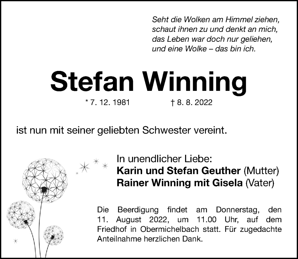  Traueranzeige für Stefan Winning vom 10.08.2022 aus Gesamtausgabe Nürnberger Nachrichten/ Nürnberger Ztg.
