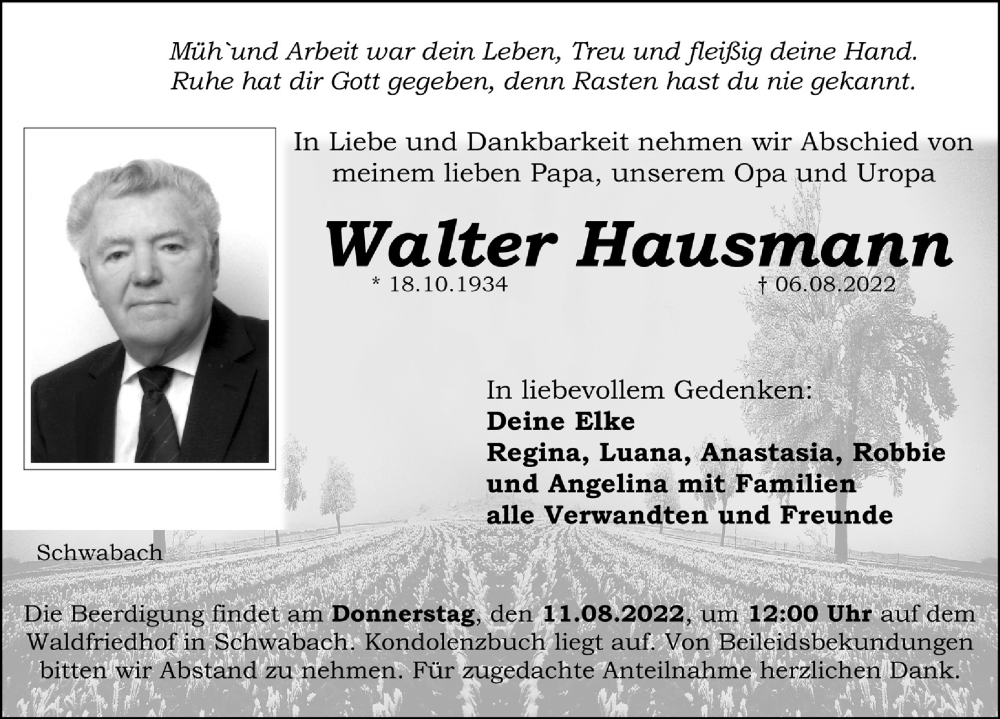  Traueranzeige für Walter Hausmann vom 10.08.2022 aus Schwabacher Tagblatt Lokal
