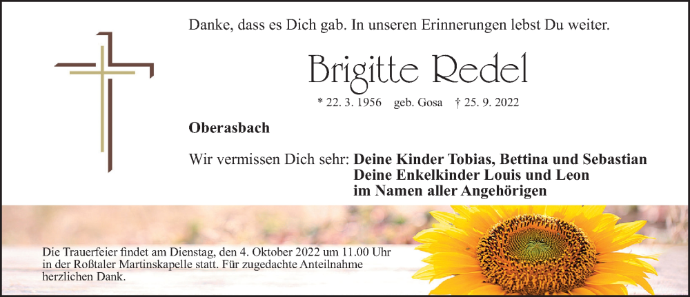  Traueranzeige für Brigitte Redel vom 29.09.2022 aus Fürther Nachrichten Lokal