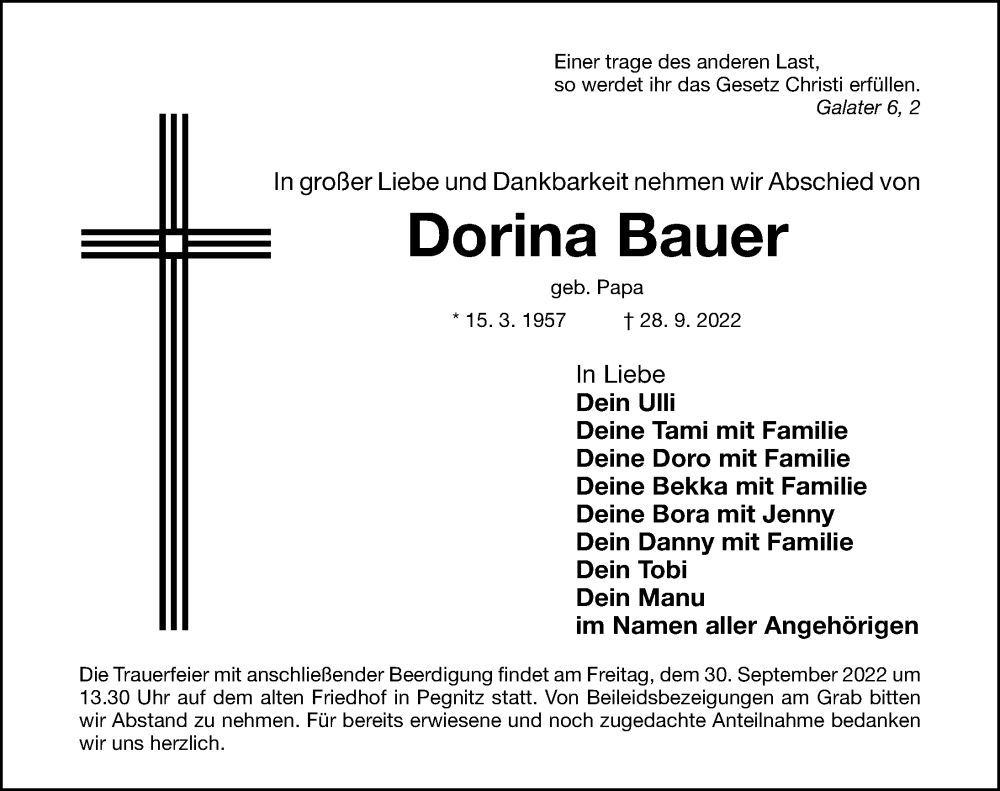  Traueranzeige für Dorina Bauer vom 29.09.2022 aus Nordbayerische Nachrichten Pegnitz Lokal