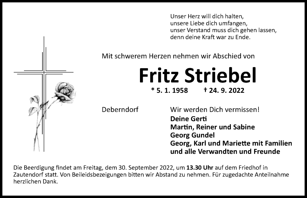  Traueranzeige für Fritz Striebel vom 27.09.2022 aus Fürther Nachrichten Lokal