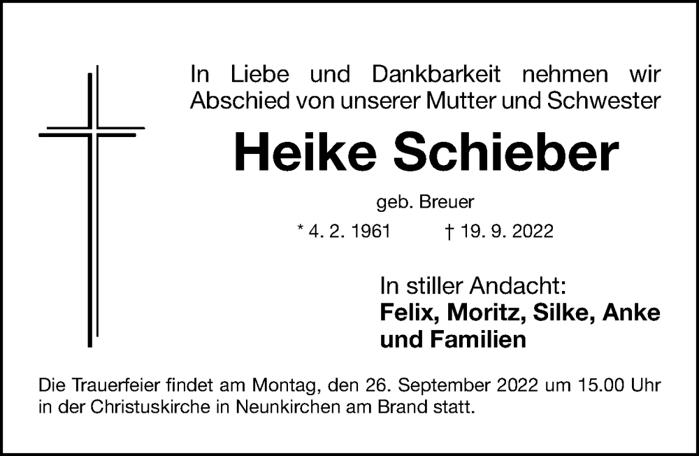  Traueranzeige für Heike Schieber vom 24.09.2022 aus Erlanger Nachrichten Lokal