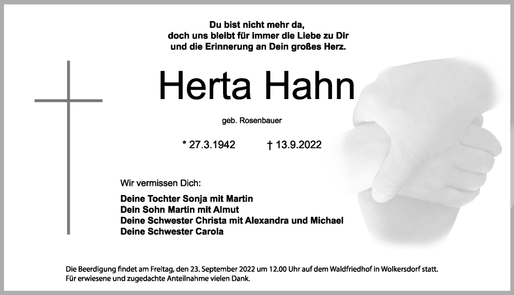  Traueranzeige für Herta Hahn vom 20.09.2022 aus Schwabacher Tagblatt Lokal