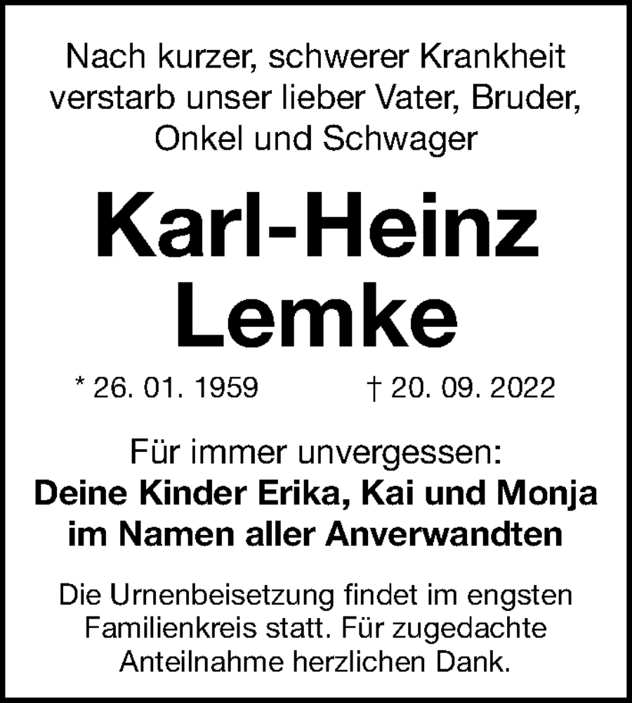  Traueranzeige für Karl-Heinz Lemke vom 24.09.2022 aus Gesamtausgabe Nürnberger Nachrichten/ Nürnberger Ztg.