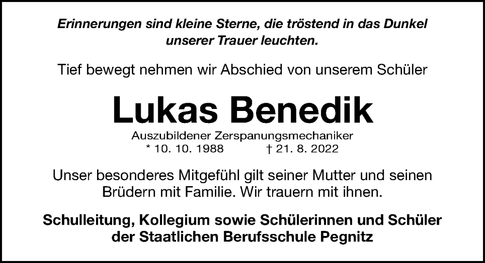  Traueranzeige für Lukas Benedik vom 17.09.2022 aus Nordbayerische Nachrichten Pegnitz Lokal