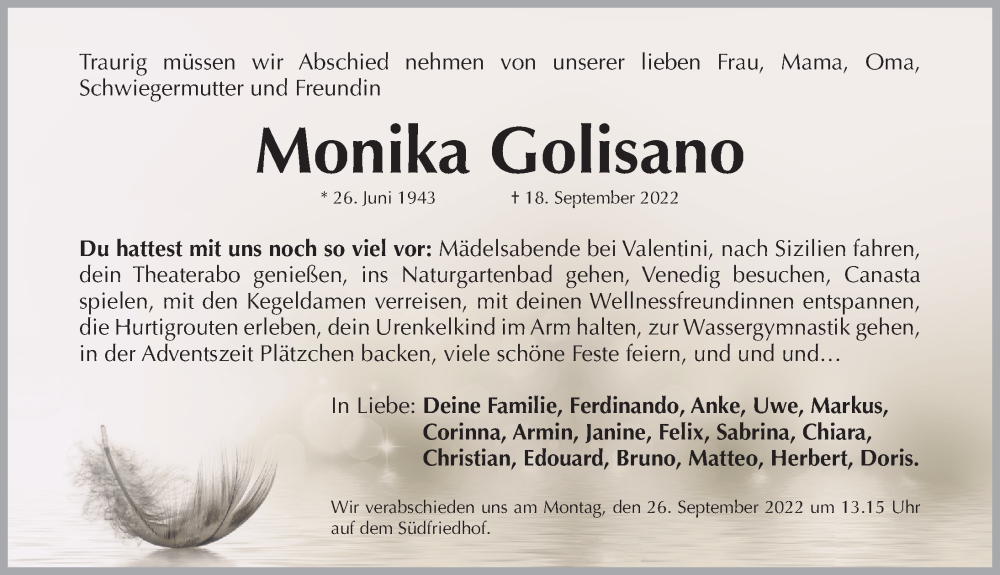  Traueranzeige für Monika Golisano vom 24.09.2022 aus Gesamtausgabe Nürnberger Nachrichten/ Nürnberger Ztg.