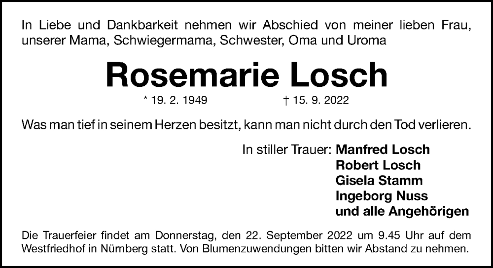  Traueranzeige für Rosemarie Losch vom 20.09.2022 aus Gesamtausgabe Nürnberger Nachrichten/ Nürnberger Ztg.