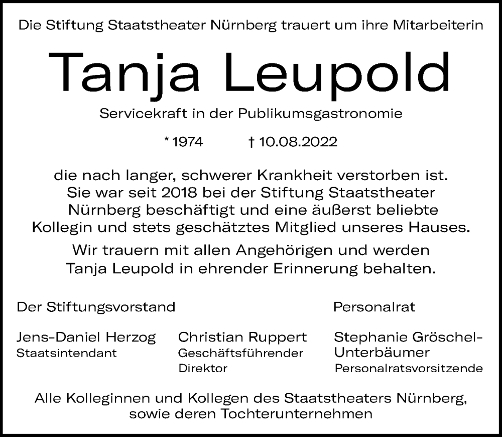  Traueranzeige für Tanja Leupold vom 24.09.2022 aus Gesamtausgabe Nürnberger Nachrichten/ Nürnberger Ztg.
