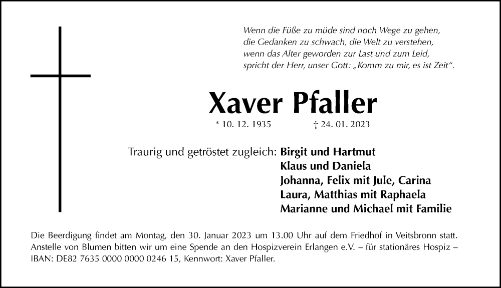  Traueranzeige für Xaver Pfaller vom 27.01.2023 aus Fürther Nachrichten Lokal
