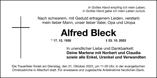 Traueranzeige von Alfred Bleck von Gesamtausgabe Nürnberger Nachrichten/ Nürnberger Ztg.