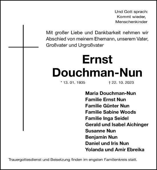 Traueranzeige von Ernst Douchman-Nun von Gesamtausgabe Nürnberger Nachrichten/ Nürnberger Ztg.