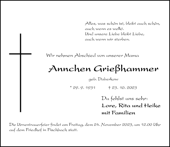 Traueranzeige von Annchen Grießhammer von Gesamtausgabe Nürnberger Nachrichten/ Nürnberger Ztg.