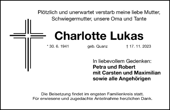 Traueranzeige von Charlotte Lukas von Gesamtausgabe Nürnberger Nachrichten/ Nürnberger Ztg.