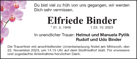 Traueranzeige von Elfriede Binder von Gesamtausgabe Nürnberger Nachrichten/ Nürnberger Ztg.