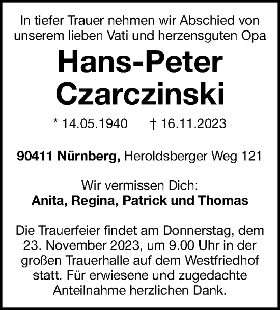 Traueranzeige von Hans-Peter Czarczinski von Gesamtausgabe Nürnberger Nachrichten/ Nürnberger Ztg.