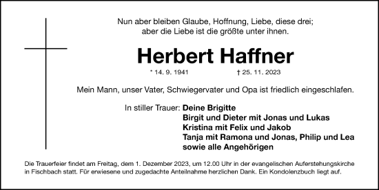 Traueranzeige von Herbert Haffner von Gesamtausgabe Nürnberger Nachrichten/ Nürnberger Ztg.