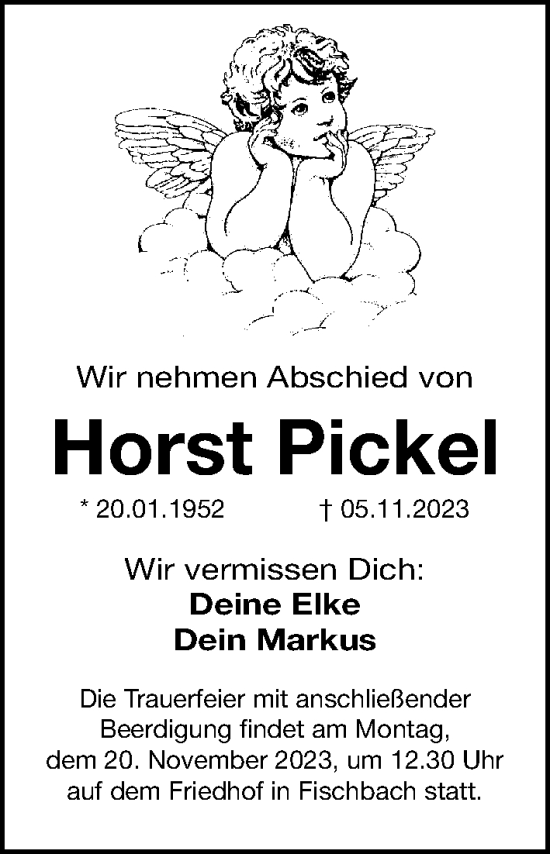 Traueranzeige von Horst Pickel von Gesamtausgabe Nürnberger Nachrichten/ Nürnberger Ztg.