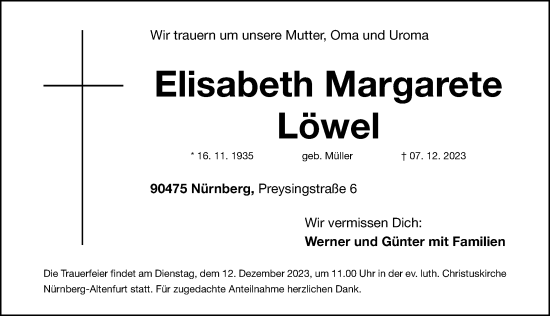 Traueranzeige von Elisabeth Margarete Löwel von Gesamtausgabe Nürnberger Nachrichten/ Nürnberger Ztg.
