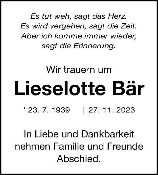 Traueranzeige von Lieselotte Bär von Gesamtausgabe Nürnberger Nachrichten/ Nürnberger Ztg.