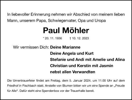 Traueranzeige von Paul Möhler von Gesamtausgabe Nürnberger Nachrichten/ Nürnberger Ztg.