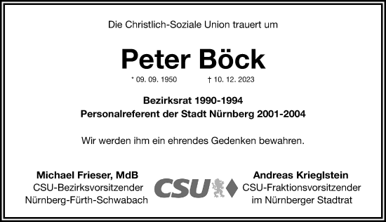 Traueranzeige von Peter Böck von Gesamtausgabe Nürnberger Nachrichten/ Nürnberger Ztg.