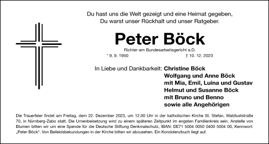 Traueranzeige von Peter Böck von Gesamtausgabe Nürnberger Nachrichten/ Nürnberger Ztg.