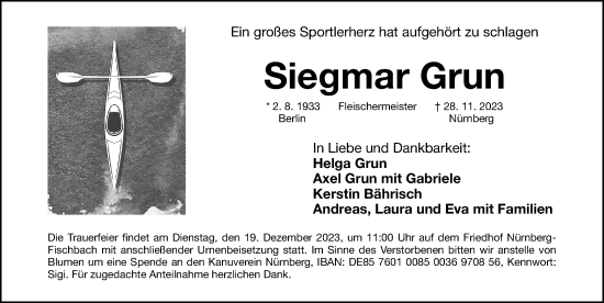 Traueranzeige von Siegmar Grun von Gesamtausgabe Nürnberger Nachrichten/ Nürnberger Ztg.