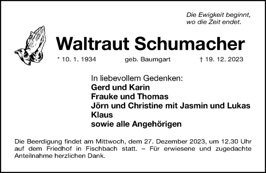 Traueranzeige von Waltraut Schumacher von Gesamtausgabe Nürnberger Nachrichten/ Nürnberger Ztg.
